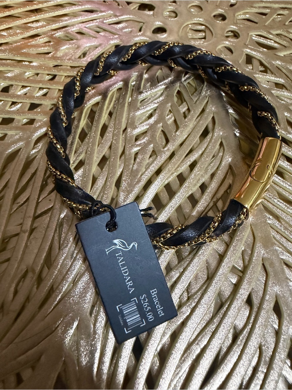Talidara Black Braided Leather Bracelet with Gold Chain Accent